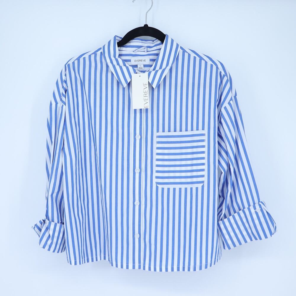 Evereve Aiden Crop Shirt Blue White Stripe NWT Button Down Blouse Women's S
